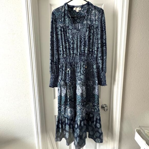 Michael Michael Kors Boho Patchwork Dress Navy Blue Paisley Print Size Small - Picture 2 of 7